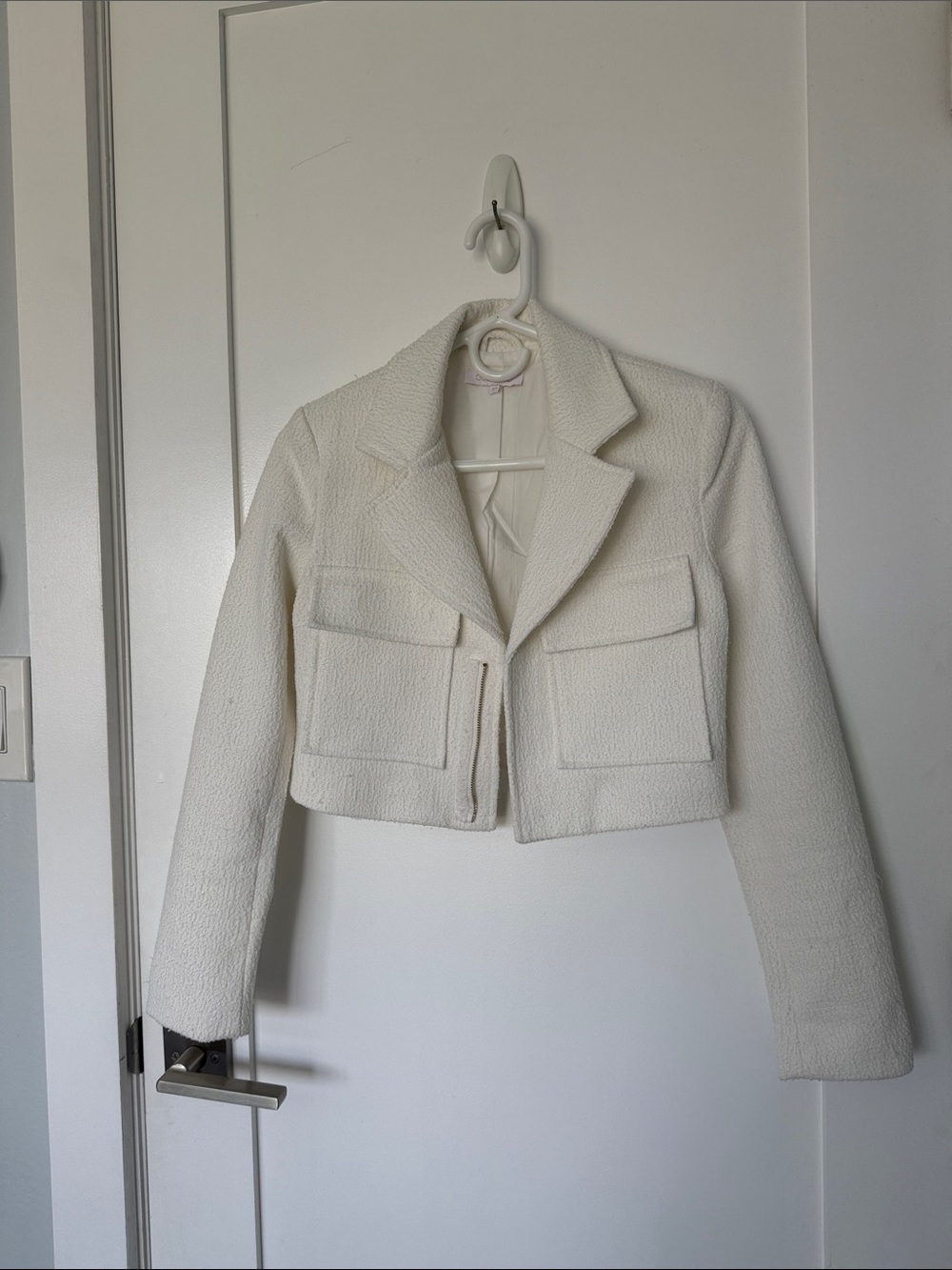 Cropped Cream Textured Blazer with Patch Pockets